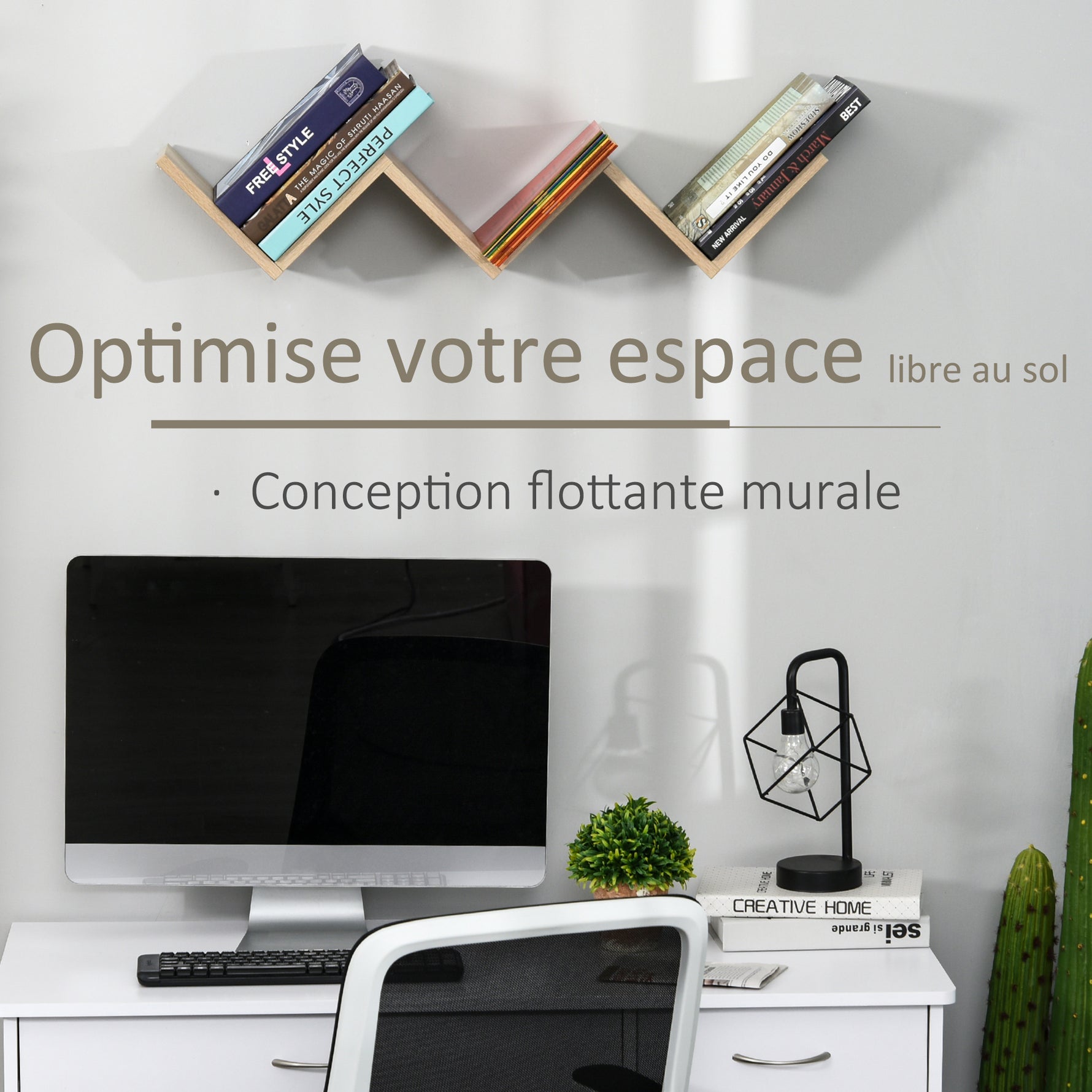 Etagères murale flottante - design contemporain en V - kit fixation inclus - panneaux particules chêne clair
