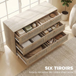 Cómoda de 6 cajones mueble de almacenaje con tejido de ratán dim. 110L x 40an x 75A cm aspecto madera clara