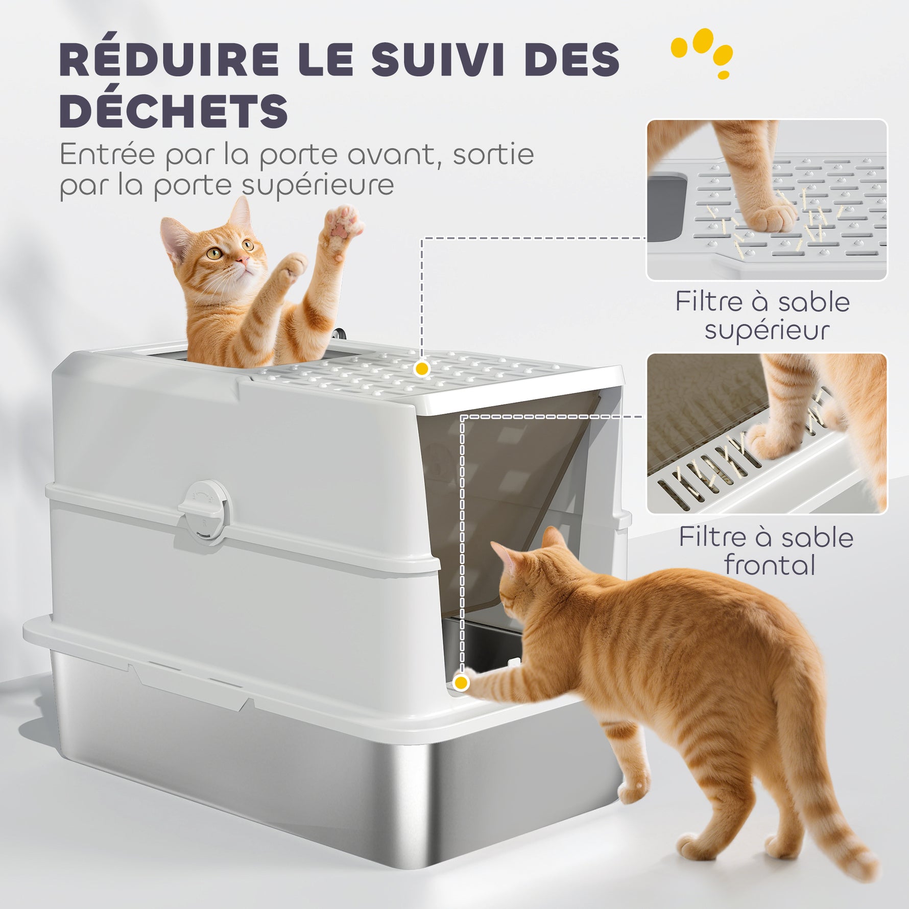 Bac à litière pour chat fermé, maison de toilette pour chat en acier inoxydable, 60,2 x 40,2 x 43,7 cm, gris clair