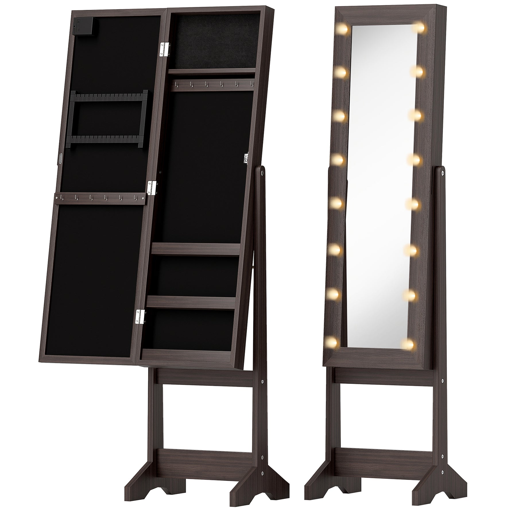 Armoire à Bijoux, Armoire de Rangement sur Pieds, Boîte à Bijoux avec Miroir Multi-Rangements Éclairage LED Marron Foncé