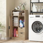 Meuble de salle de bain, meuble de rangement étroit avec 2 tiroirs, compartiments ouverts, 50x25x100cm, bois naturel