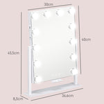 Miroir Hollywood avec LED 12 ampoules, luminosité réglable, rotation à 360°, grossissement 10X, touche tactile, blanc