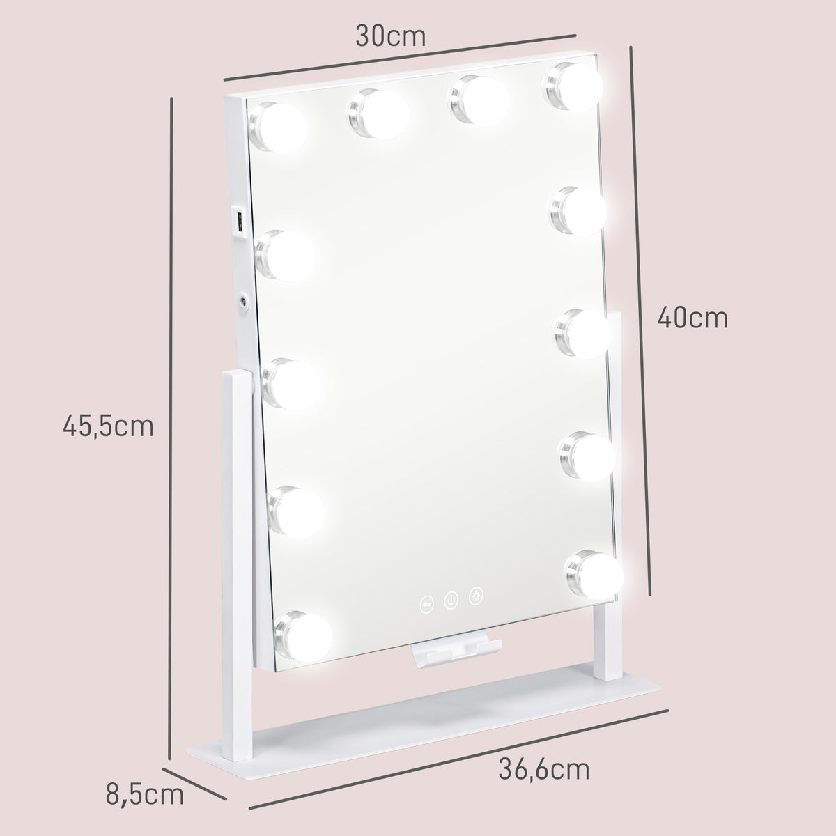 Miroir Hollywood avec LED 12 ampoules, luminosité réglable, rotation à 360°, grossissement 10X, touche tactile, blanc