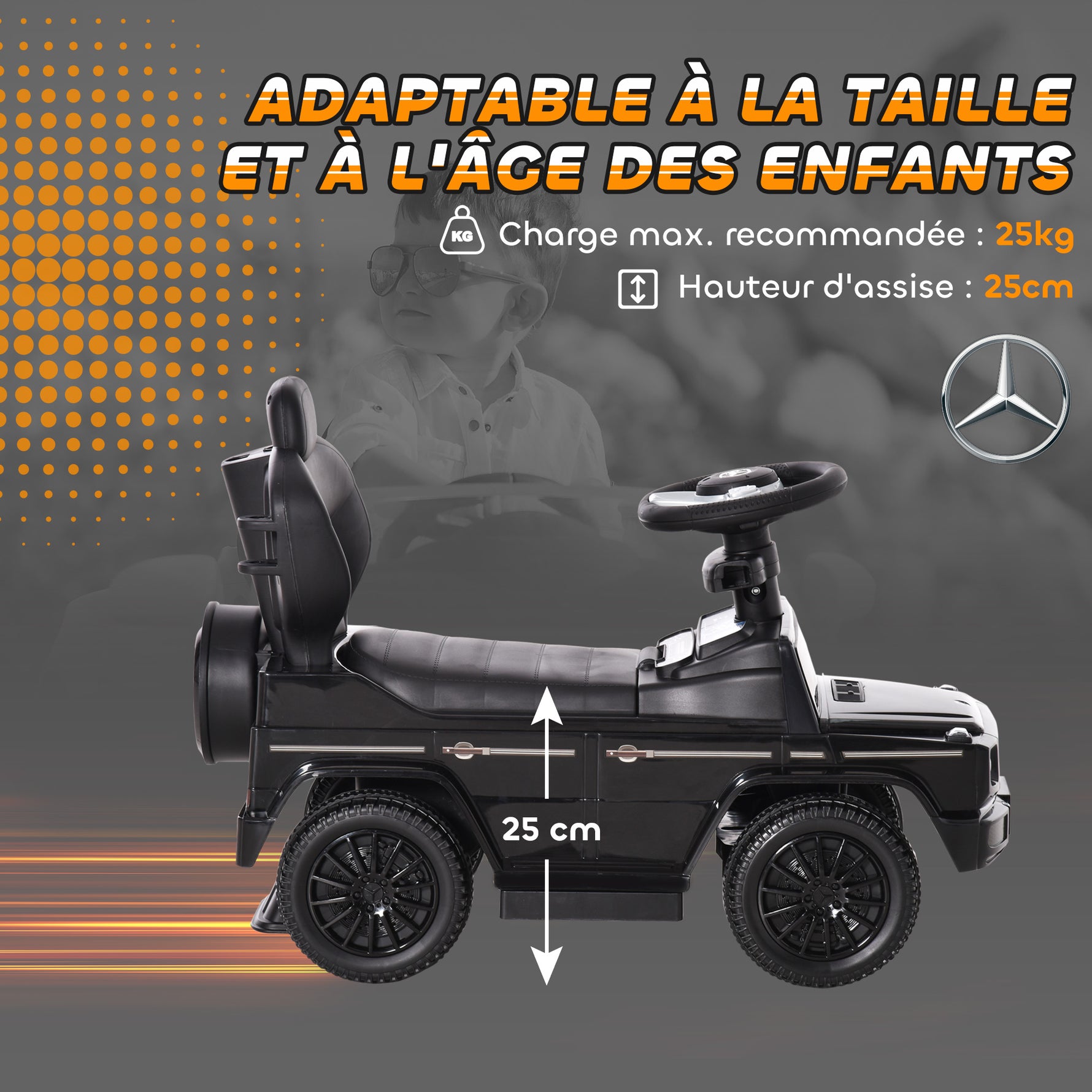 Porteur Enfants Voiture Enfant Multi-équipée 12-36 Mois klaxon Marche-Pieds, Garde-Corps et ombrelle Noir
