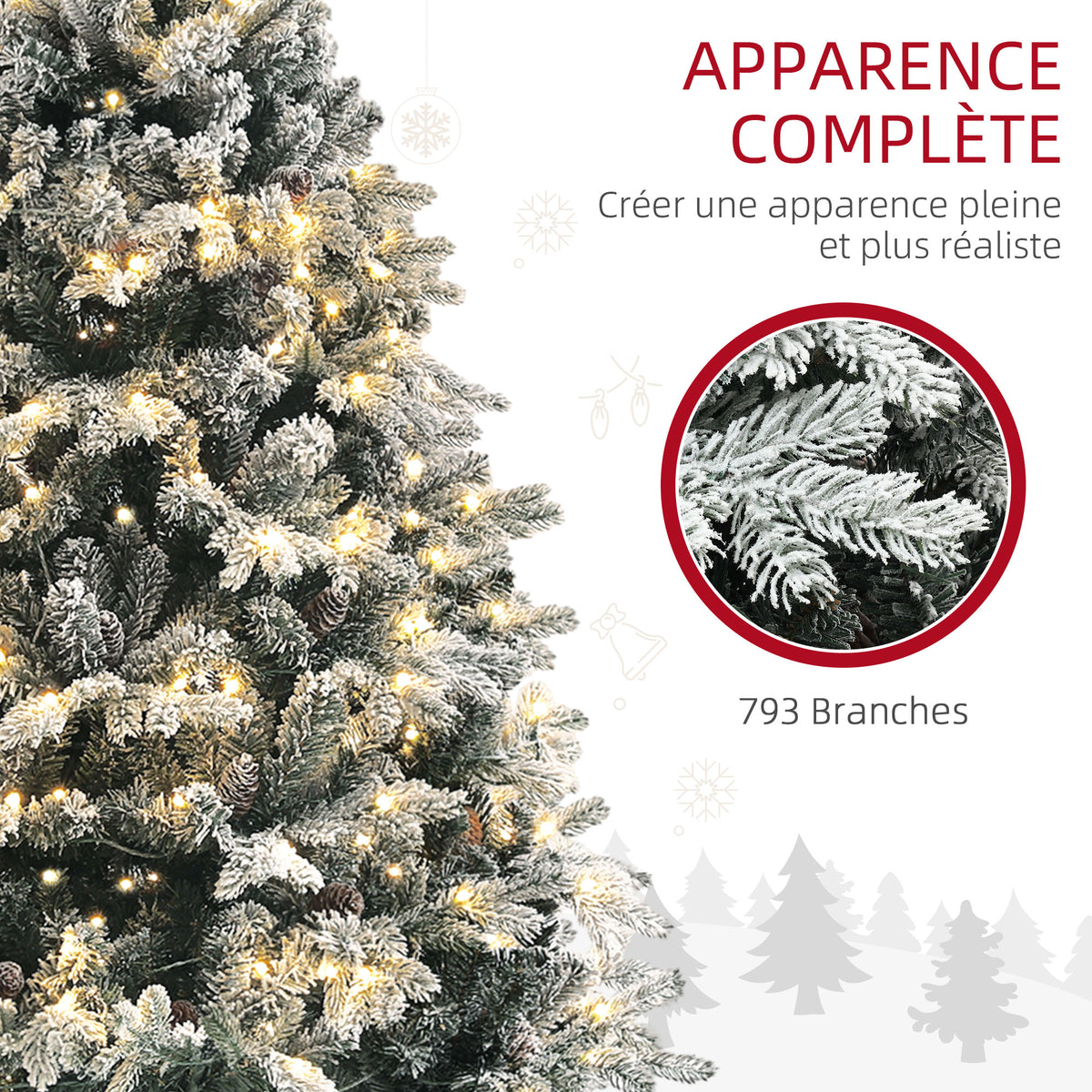 Sapin de Noël Artificiel 180 cm lumineux LED 793 Branches enneigées grand réalisme support en acier pliable Vert