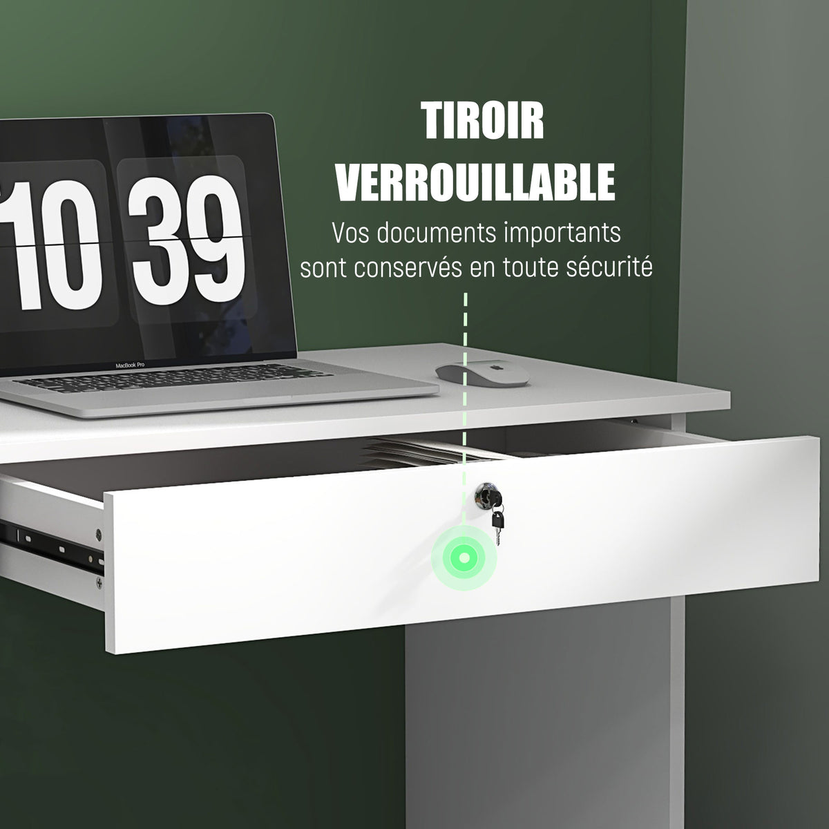 Bureau moderne avec 5 tiroirs, grand plateau, 1 compartiment ouvert, tiroir verrouillable, 110 x 50 x 76cm, blanc