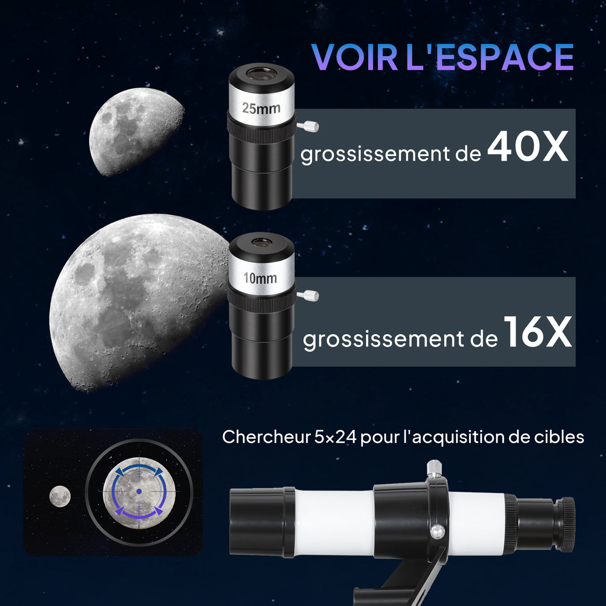 Télescope astronomique adultes et débutants 70 mm, télescope réfracteur 40X/16X trépied réglable, 80 x 80 x 135 cm blanc