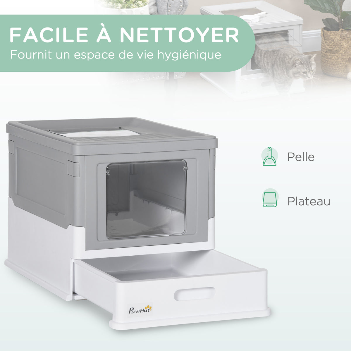 Maison de toilette pour chat pliable double porte battante et supérieure pelle fourni 47,5 x 35,5 x 36,7 cm gris