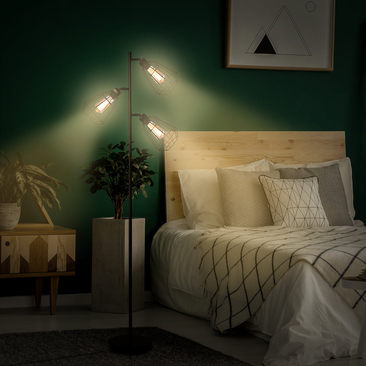 Lampadaire design industriel 3 ampoules max. 40 W abat-jour cage métal noir