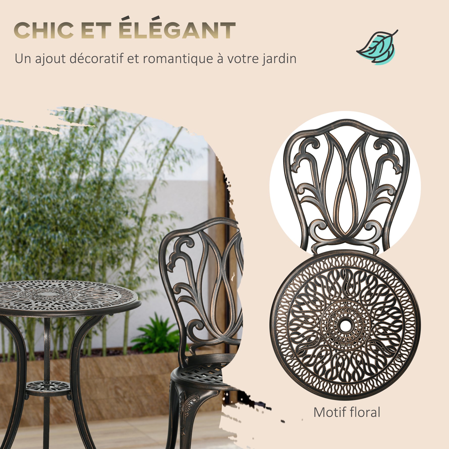 Ensemble Salon de Jardin 2 Places 2 chaises + Table Ronde style charme rétro en fonte d'aluminium, bronze