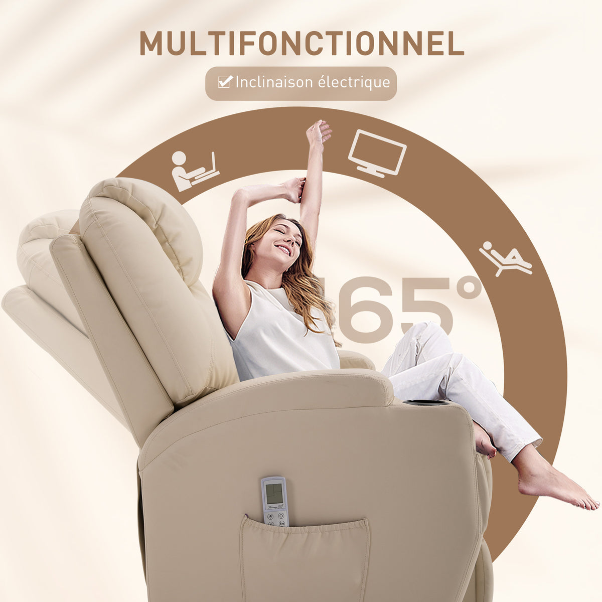 Sillón de lujo de relax y masaje, reclinable, con reposapiés eléctrico y tapizado sintético color crema