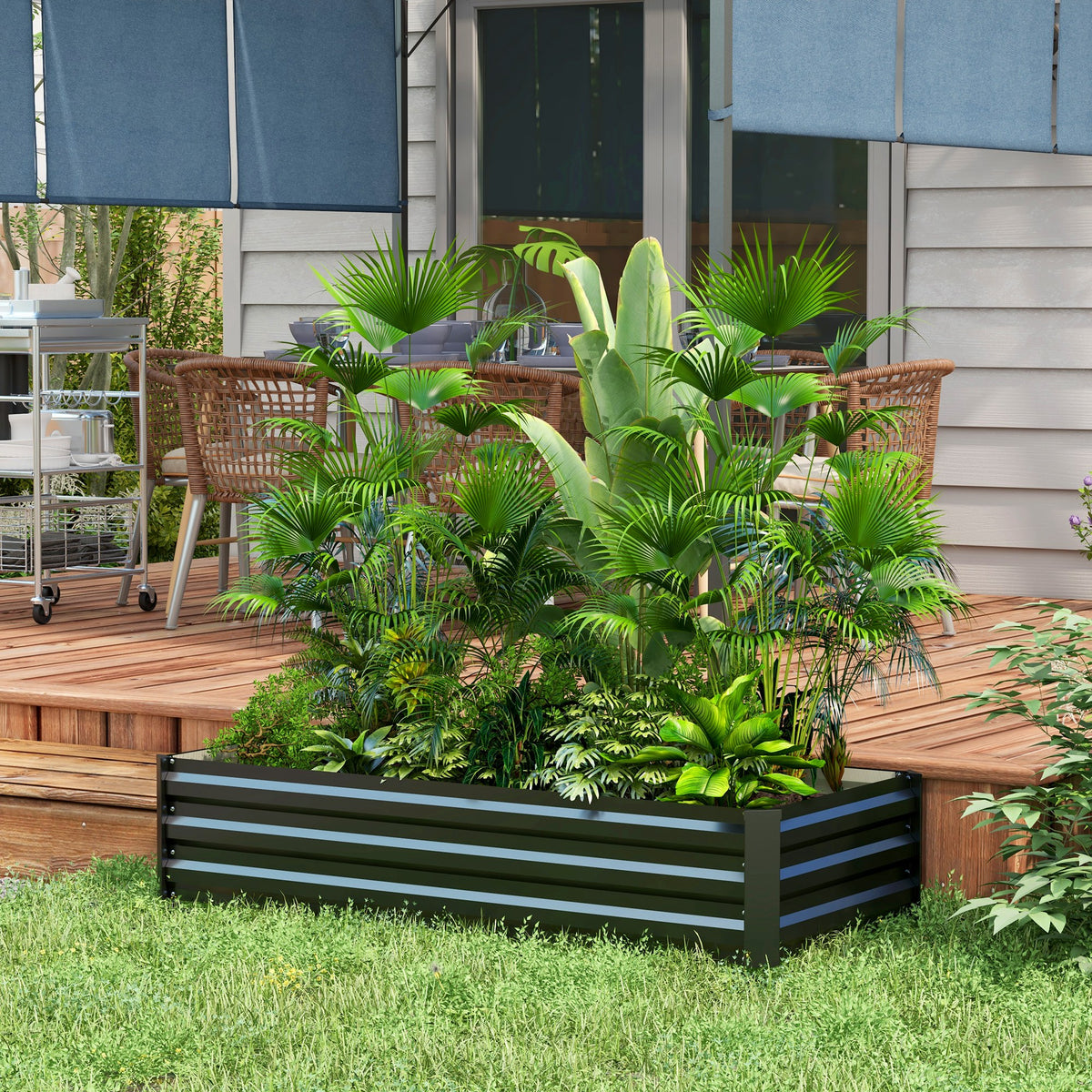 Jardinière rectangulaire potager de jardin bac à fleurs en acier avec bordure de sécurité et fond ouvert noir