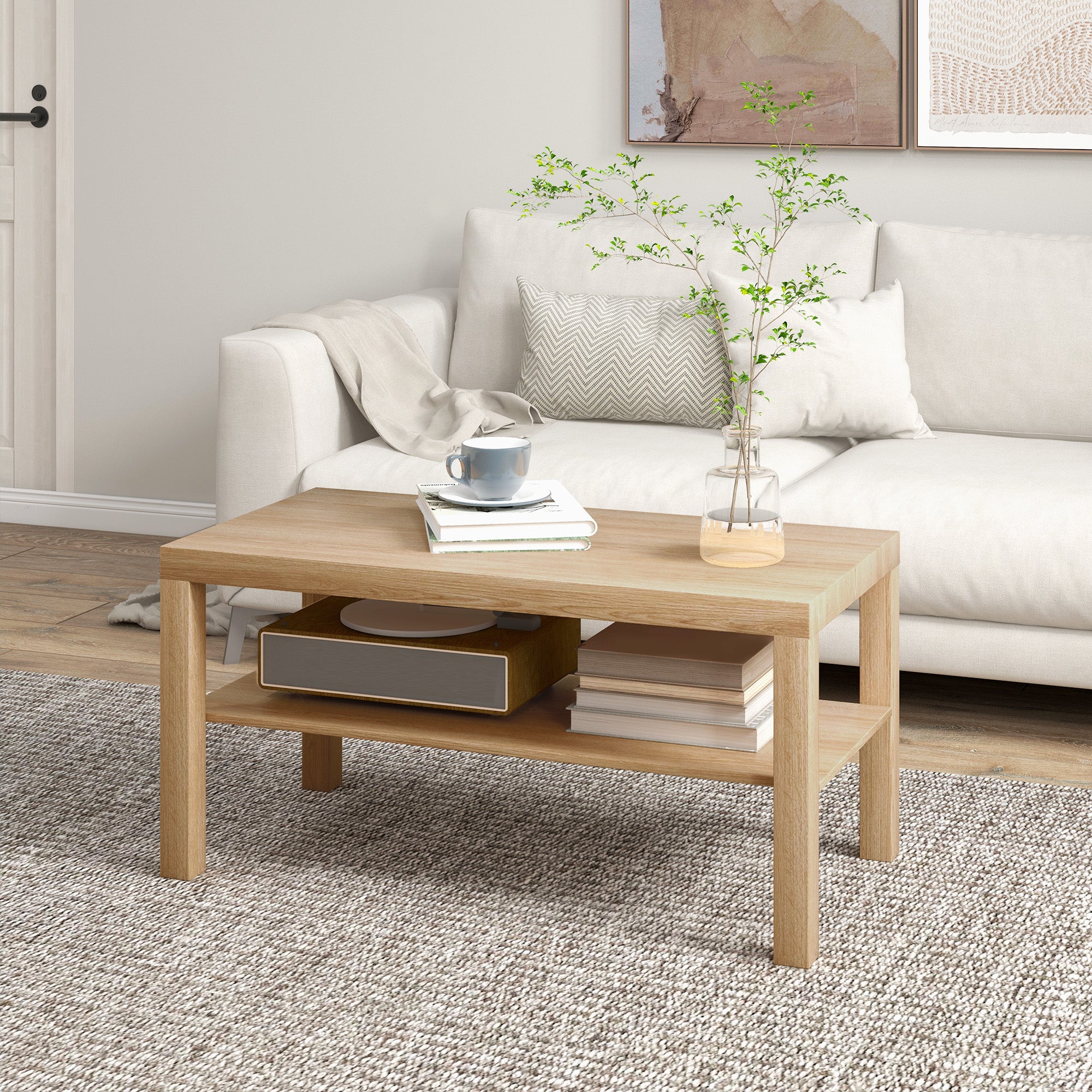 Salontafel, rechthoekige bijzettafel met 2 niveaus en opbergplank, 90x45x44,5 cm, naturel hout