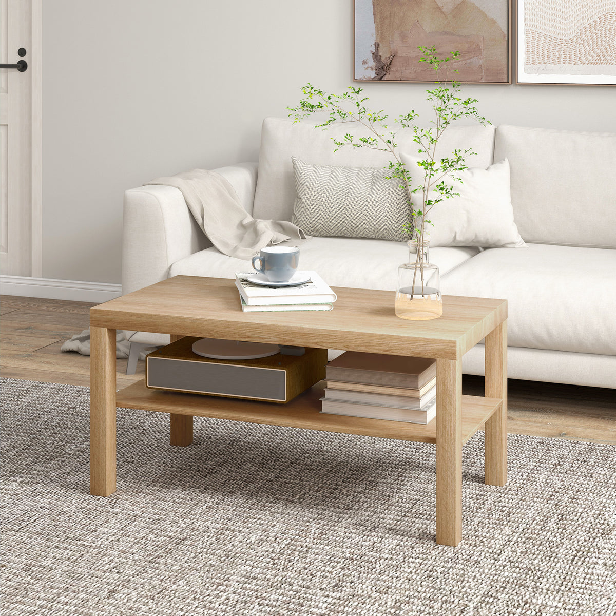 Tavolino da salotto, tavolino d'appoggio rettangolare a 2 livelli con ripiano portaoggetti, 90x45x44,5 cm, legno naturale