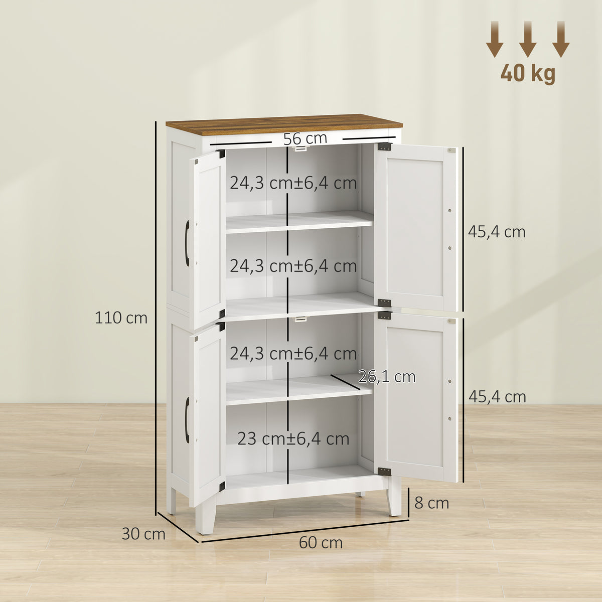 Mobiletto da bagno, mobile contenitore stretto con 4 ante a granaio e ripiani regolabili, bianco