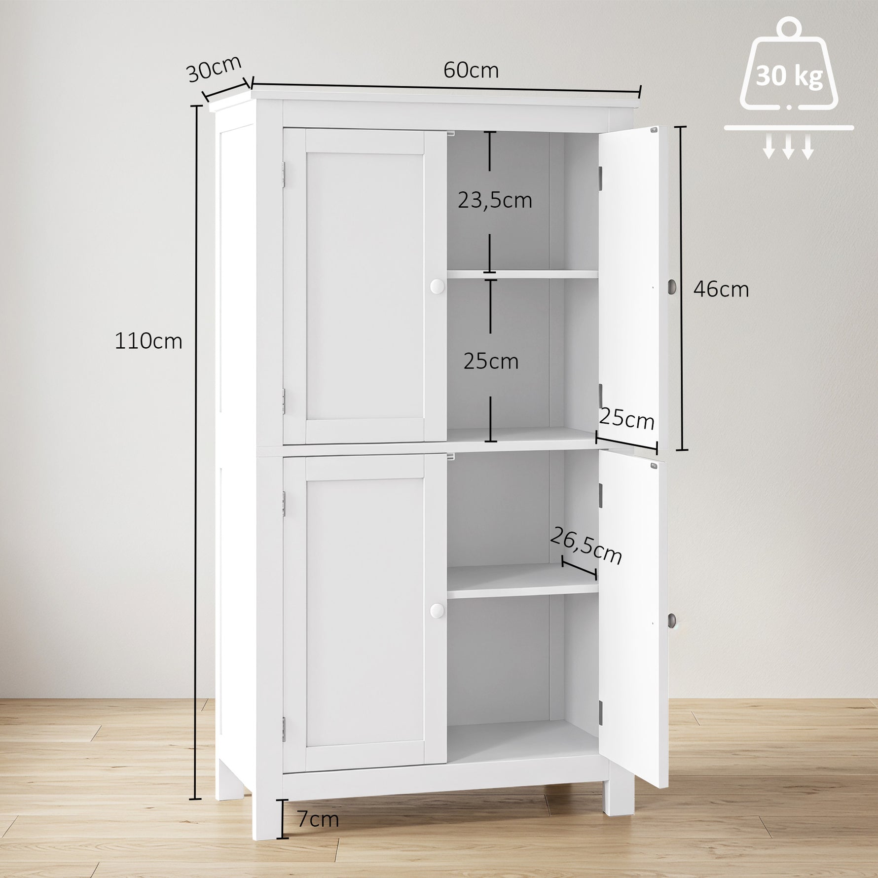 Meuble de salle de bain, meuble de rangement étroit avec 4 portes et étagères réglables, style moderne, blanc