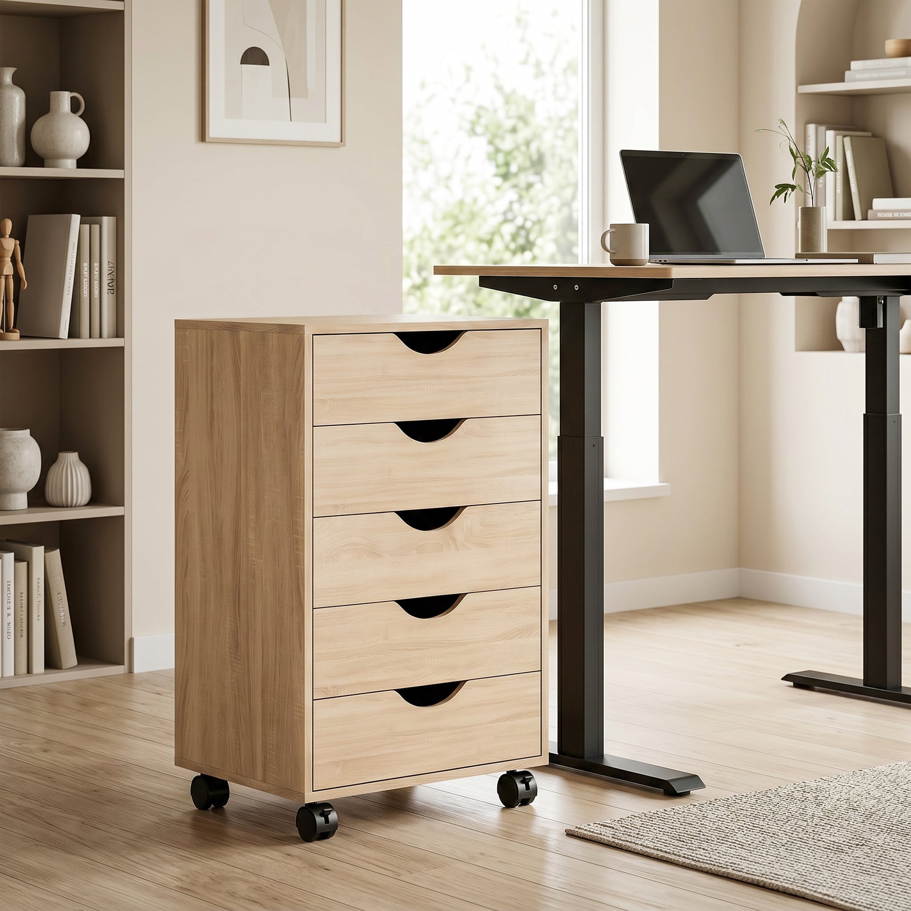 Caisson bureau mobile, meuble rangement sur roulettes avec 5 tiroirs, bois, 40 x 40 x 67 cm, chêne
