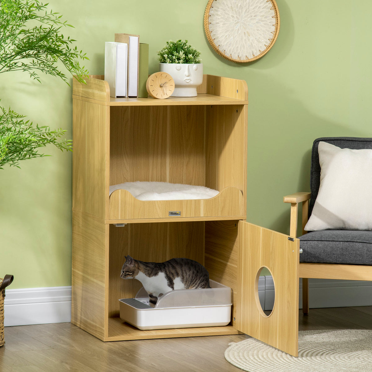 Mobile toilette per gatti, mobile lettiera per gatti a 3 livelli, scomparto chiuso da un'anta, 1 cuscino, 60 x 45 x 103 cm