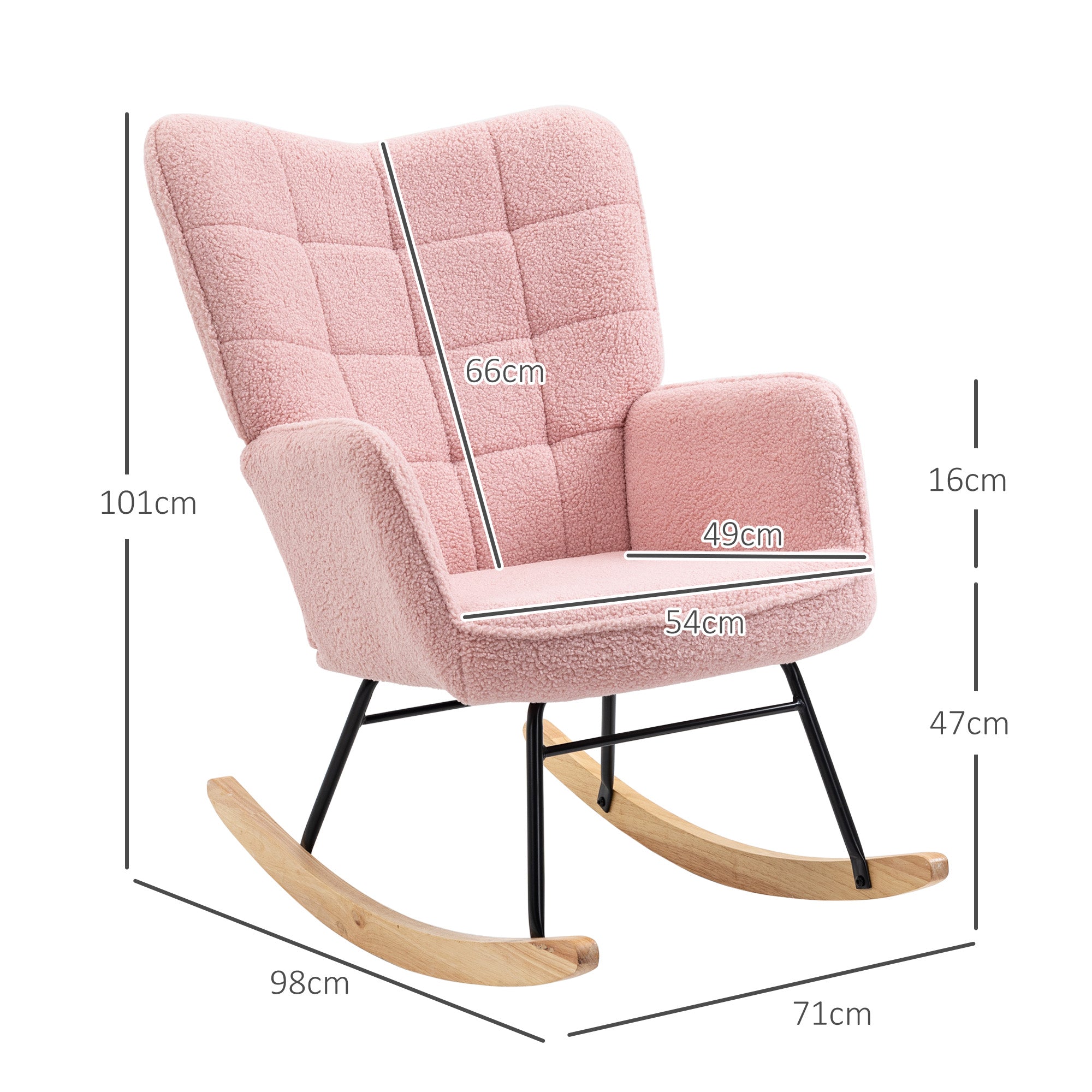 Fauteuil à bascule rocking chair revêtement bouclette structure en acier 71 x 98 x 101 cm rose