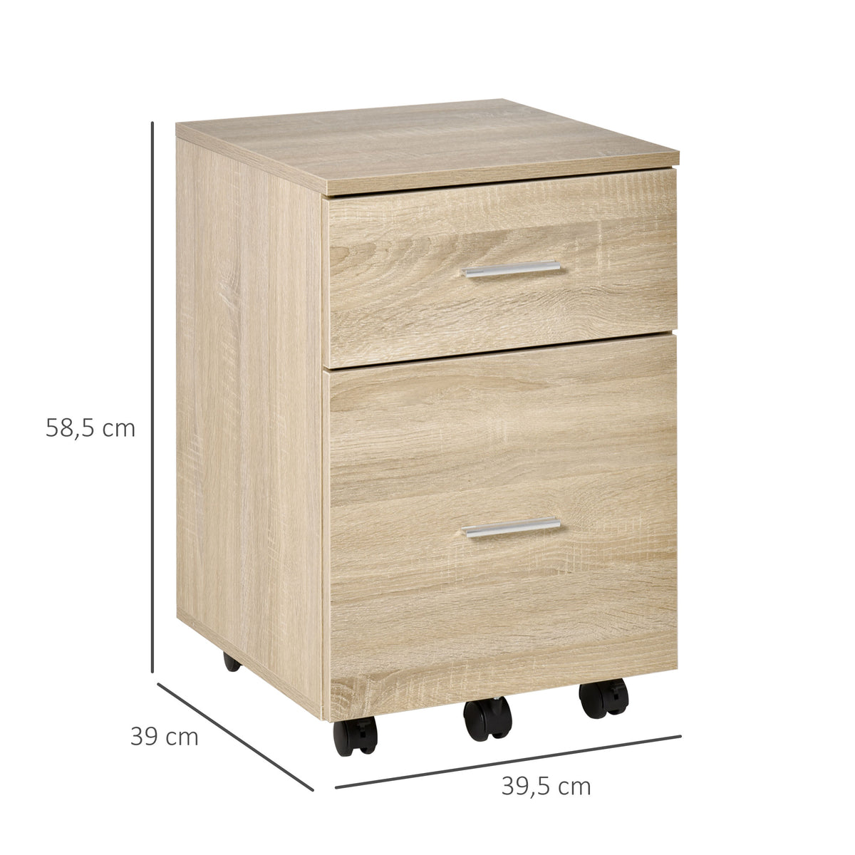 Caisson de bureau caisson de rangement mobile 2 tiroirs 5 roulettes en panneau de particules 39,5 x 39 x 58,5 cm