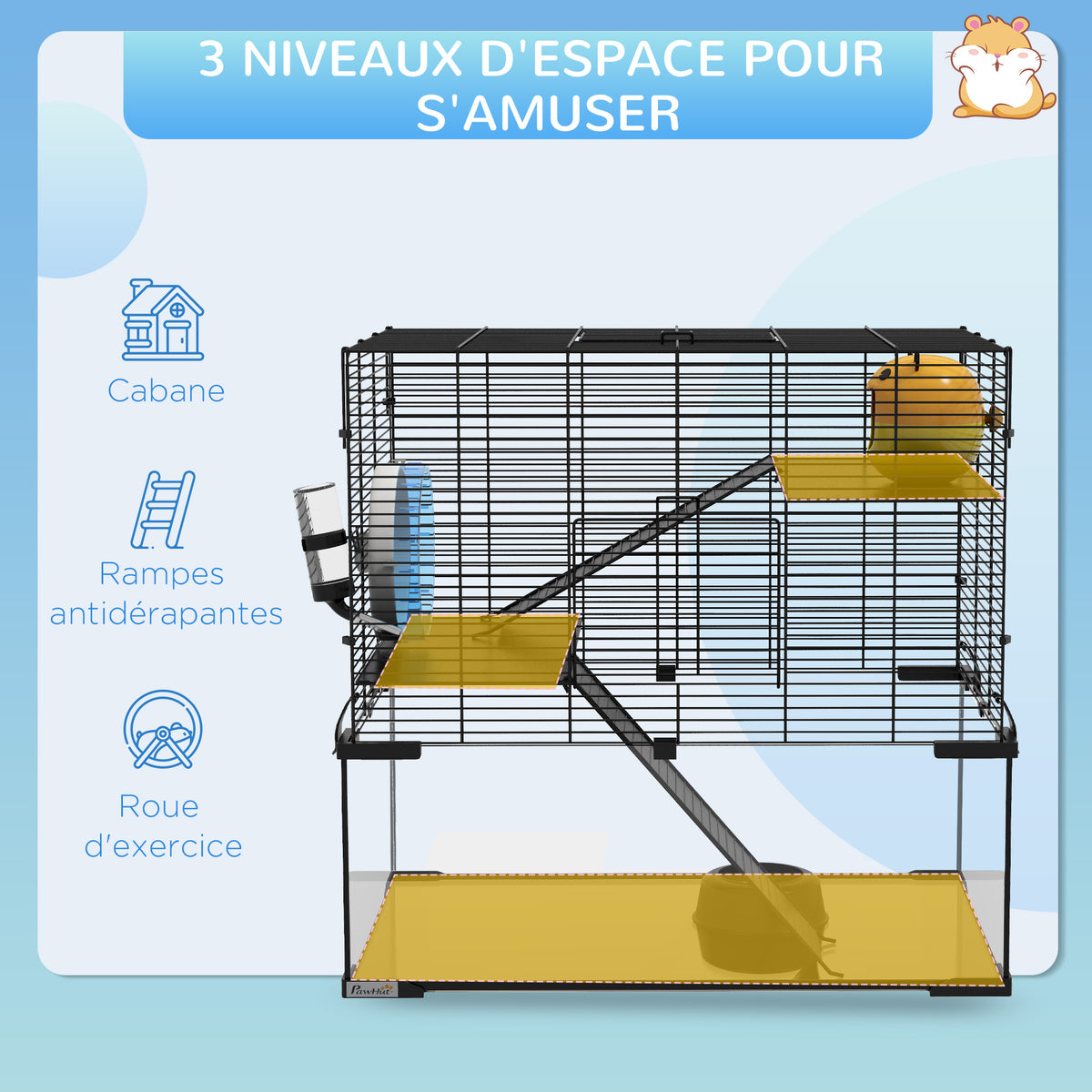 Cage hamster cage rongeur 3 niveaux avec roue rampes maisonnette abreuvoir mangeoire 60L x 40l x 54,5H cm noir