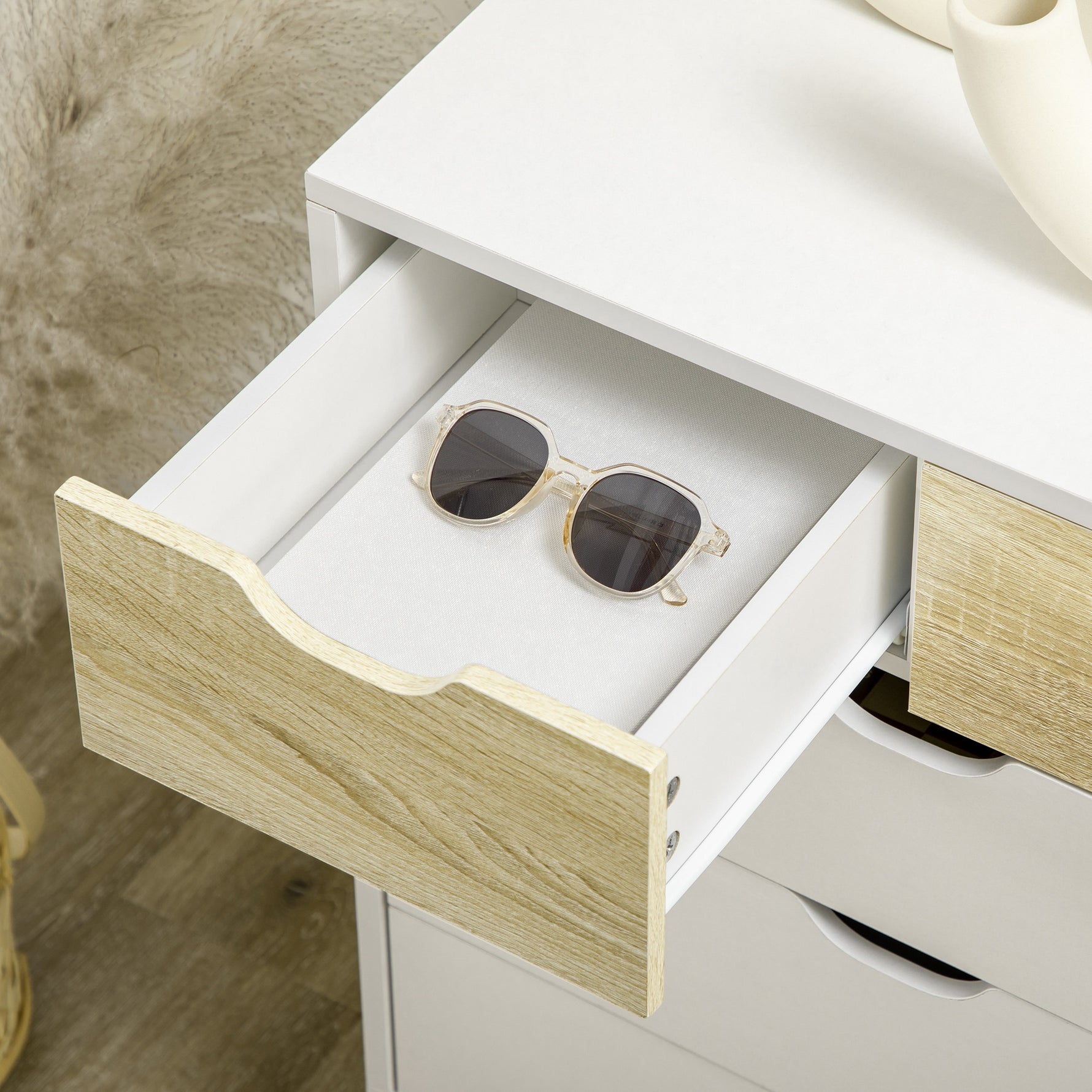 Commode 5 tiroirs meuble de rangement 4 pieds biseautés - bois, 60 x 40 x 77,5 cm, blanc