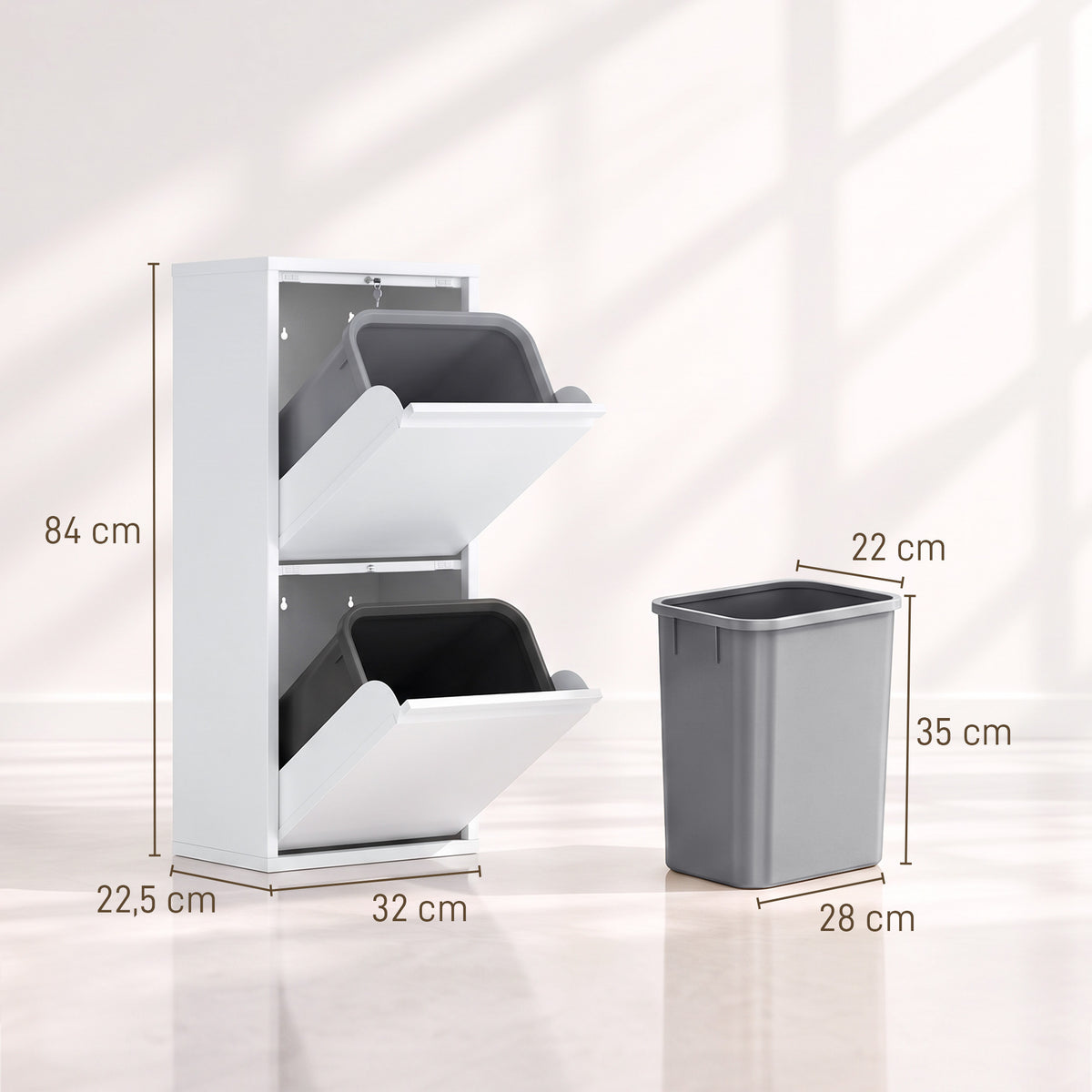 Mueble para Basura de Clasificación Selectiva, Papelera de Reciclaje de 30 L (2 x 15 L) con 2 Compartimentos, Cierre Suave, Blanco