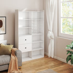 Bibliothèque, Étagère 6 Niveaux, 120 x 30 x 200 cm, Meuble de Rangement avec 2 Tiroirs et Panneau Perforé, Blanc