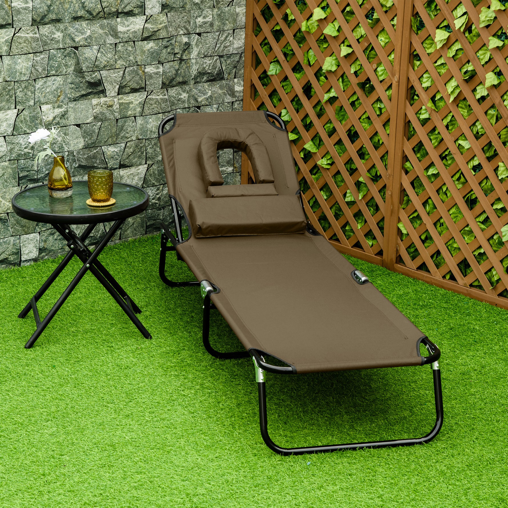 Transat de Jardin Chaise Longue Pliante Bain de Soleil avec Appuie-tête, Trou de lecture et Dossier Inclinable, Marron