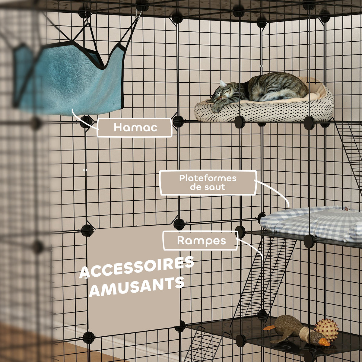 Maskota-itxitura, untxi-itxitura barrualdeko 4 mailakoa, modularra, sare-panelak, 105 x 105 x 140 cm, beltza