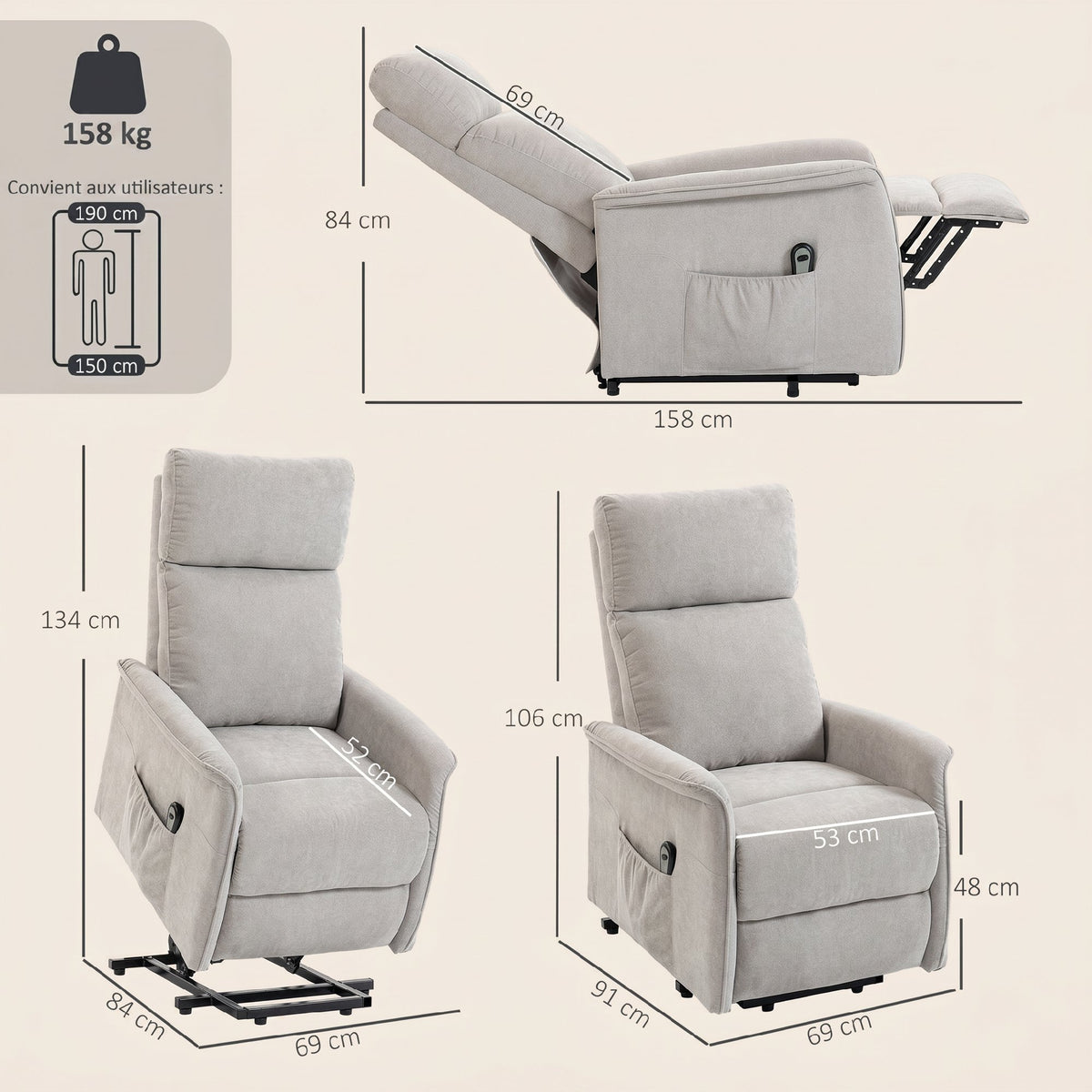 Fauteuil Releveur Électrique, Fauteuil Relax Électrique en Chenille avec Coussin à Ressorts, Dossier Inclinable, Gris