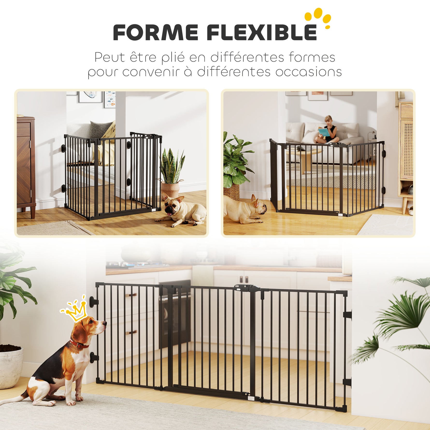 Barriere de securite chien pliable avec porte en acier 3 panneaux modulable fermeture automatique 202,5 x 2 x 76 cm noir