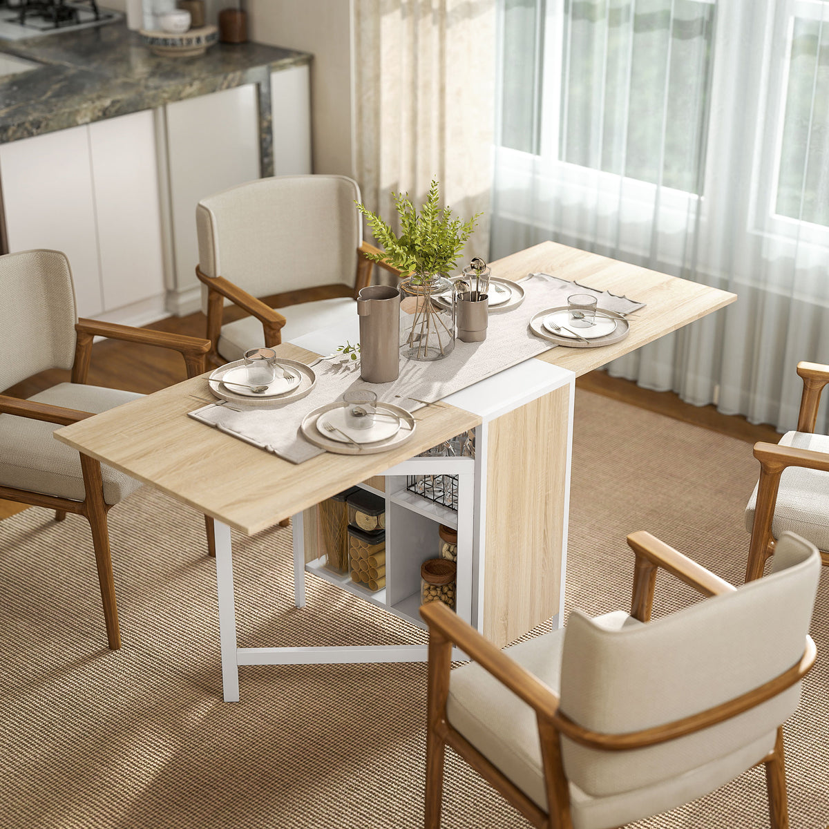 Mesa de cocina plegable para 4 personas, mesa de comedor con 4 nichos integrados para espacios pequeños, dim. desplegada 169L x 62an x 75Al cm, MDF roble claro, acero blanco