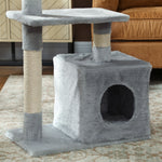 Katzenkratzbaum mit Spieltürmen, Sisalstämmen, 2 Plattformen, Höhle, Ball und Plüschbezug, 50 x 30 x 81,5 cm, grau