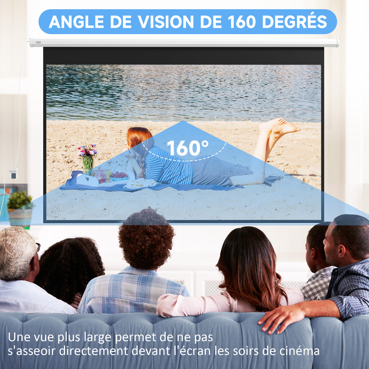 Écran de projection motorisé 120 pouces, 16:9 4K HD, fixation mural ou plafond avec télécommande, 293,5L x 8l x 176H cm