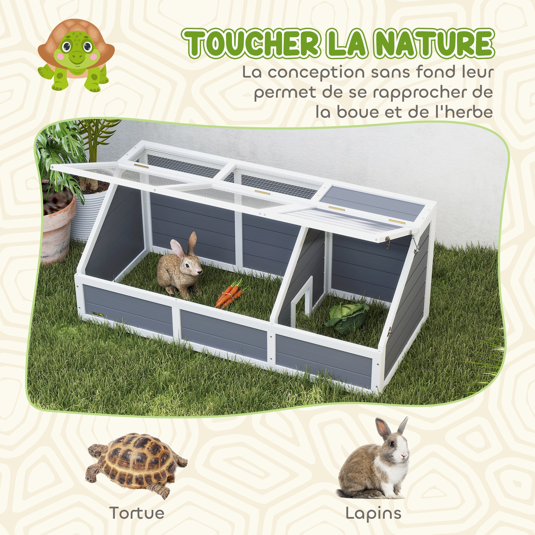 Maison enclos cage pour petit animal tortue en bois avec couvercle ouvrable, loquets, 2 espaces distincts, gris