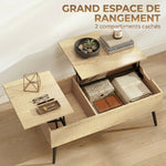 Table basse relevable avec double plateau, table de salon avec compartiment caché et pieds en métal, bois naturel