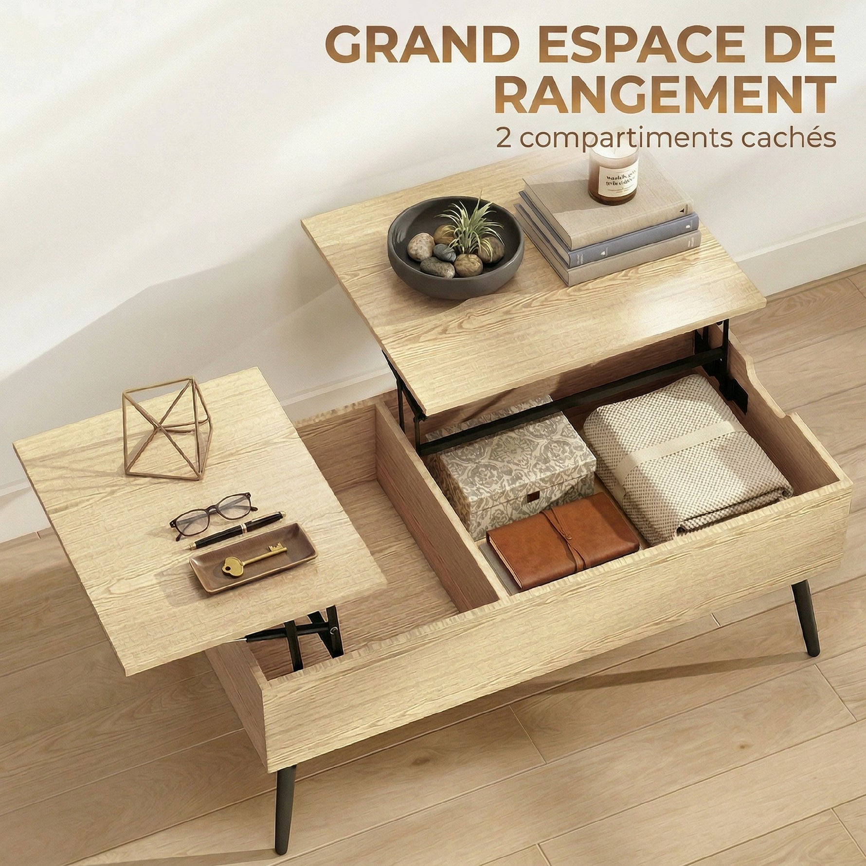 Table basse relevable avec double plateau, table de salon avec compartiment caché et pieds en métal, bois naturel