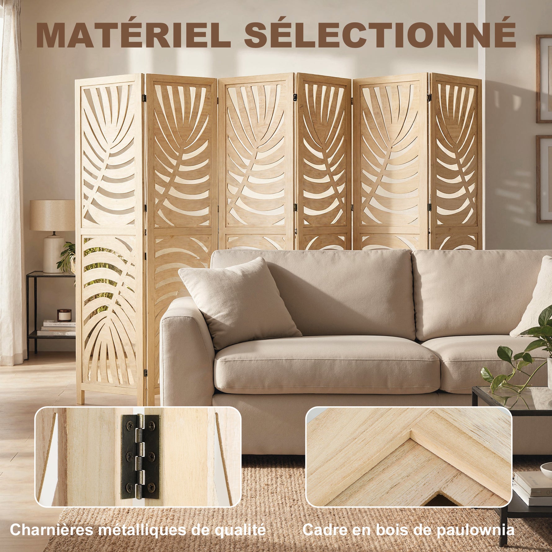 Paravent interieur en bois 6 panneaux 240 x 170 cm, pliable et portable, motif de feuille, design amovible, bois naturel