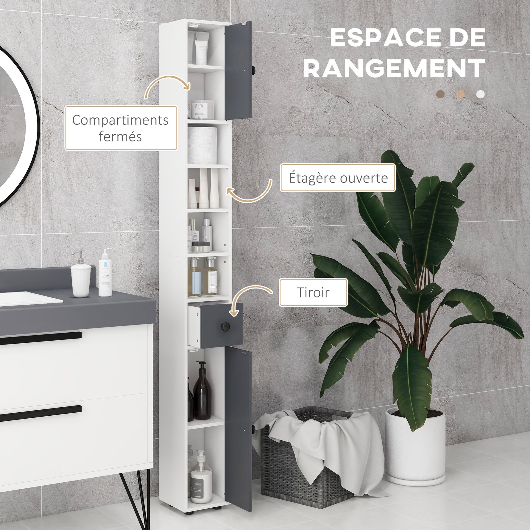 Colonne de rangement armoire haute pour salle de bain 1 tiroir 4 étagères réglables et 2 placards 20 x 20 x 180 cm gris