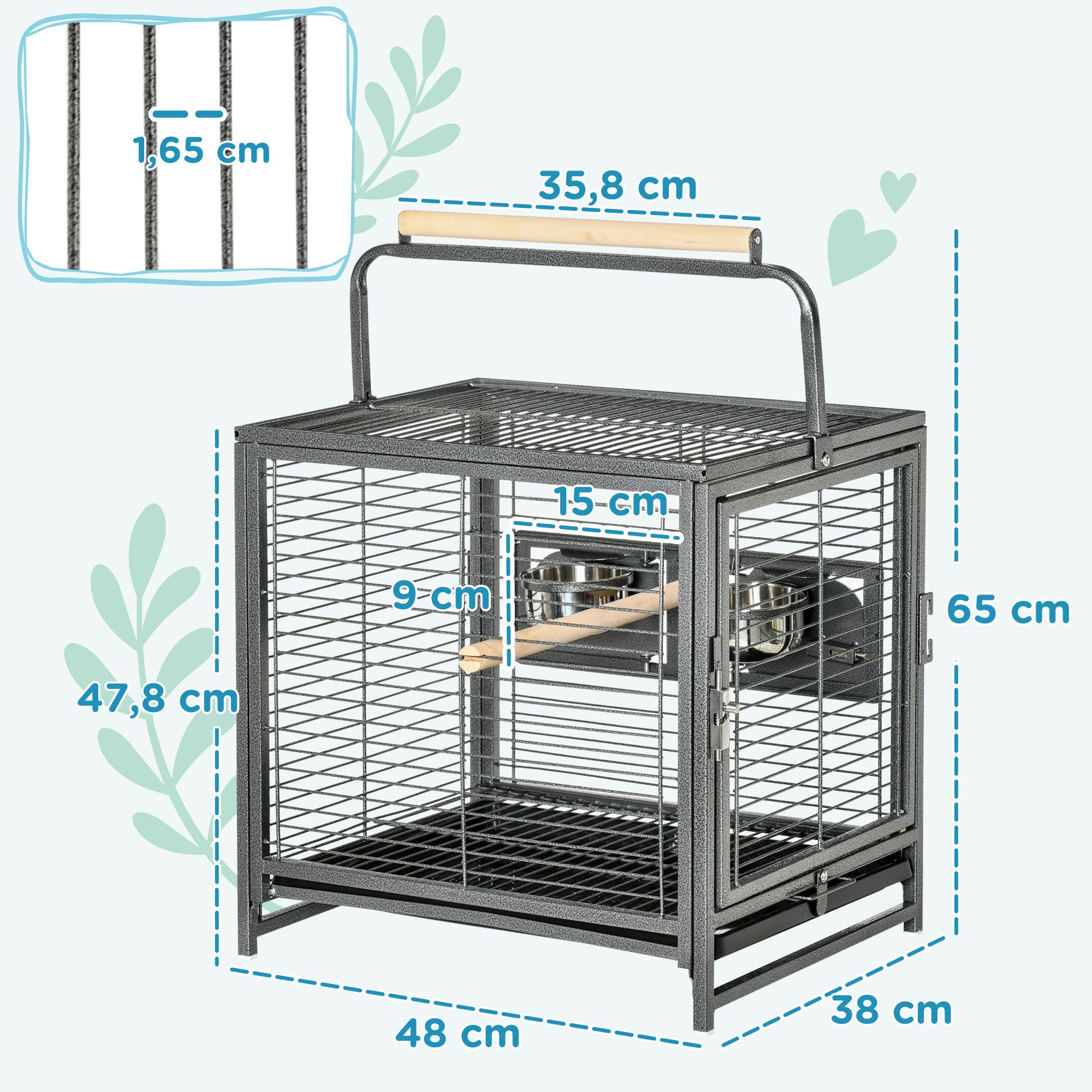 Cage de transport en acier pour perroquets, cage à oiseaux avec 2 bols en acier inoxydable, 2 perchoirs, plateau, noir