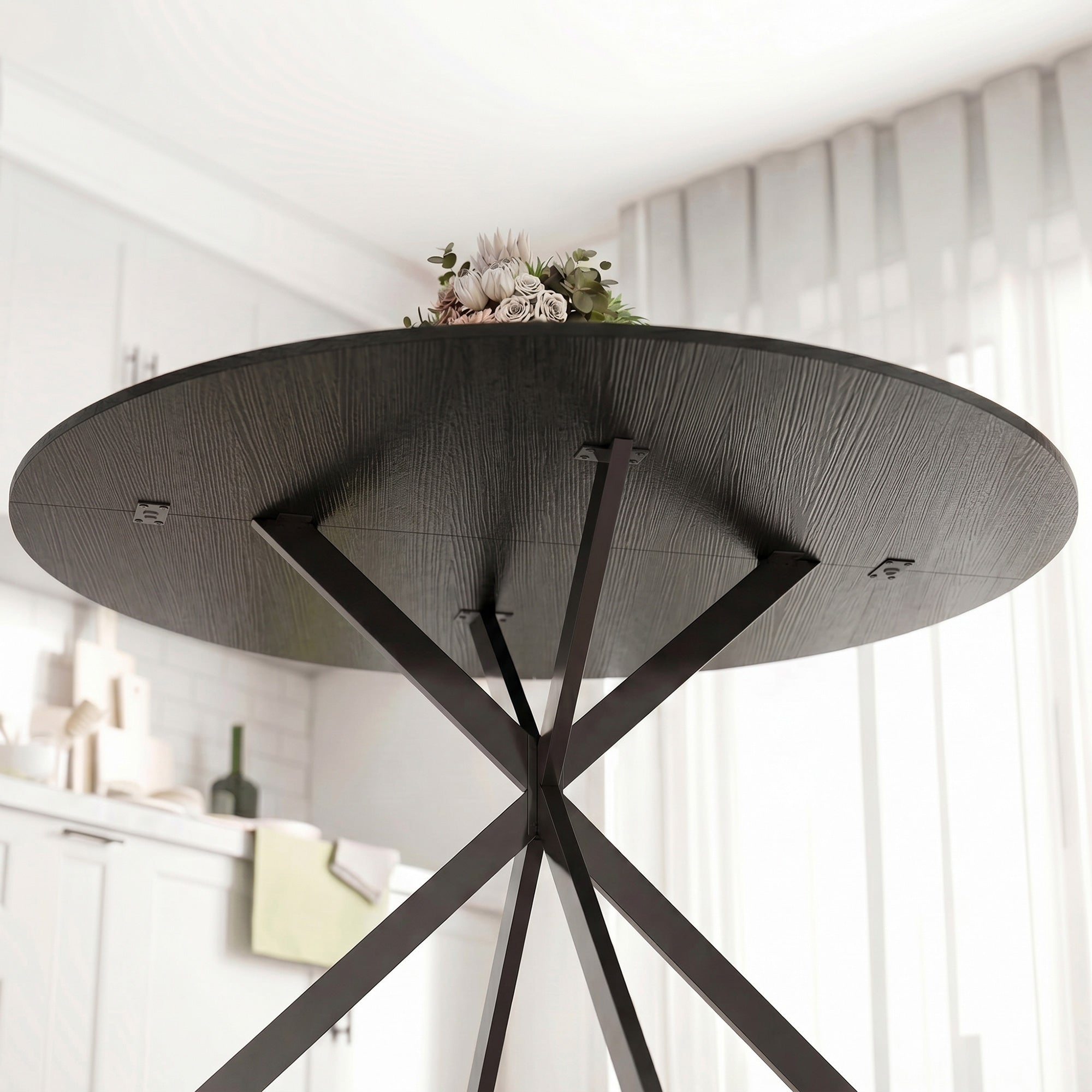 Table à Manger Ronde pour 4 Personnes 100 cm, Style Industriel avec Plateau Aspect Bois, Piètement Croisé en Acier, Noir