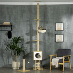 Krabpaal vloer tot plafond in hoogte verstelbaar 225-285 cm met krabpaal 4 niveaus grot hangmat ladder speelgoed beige