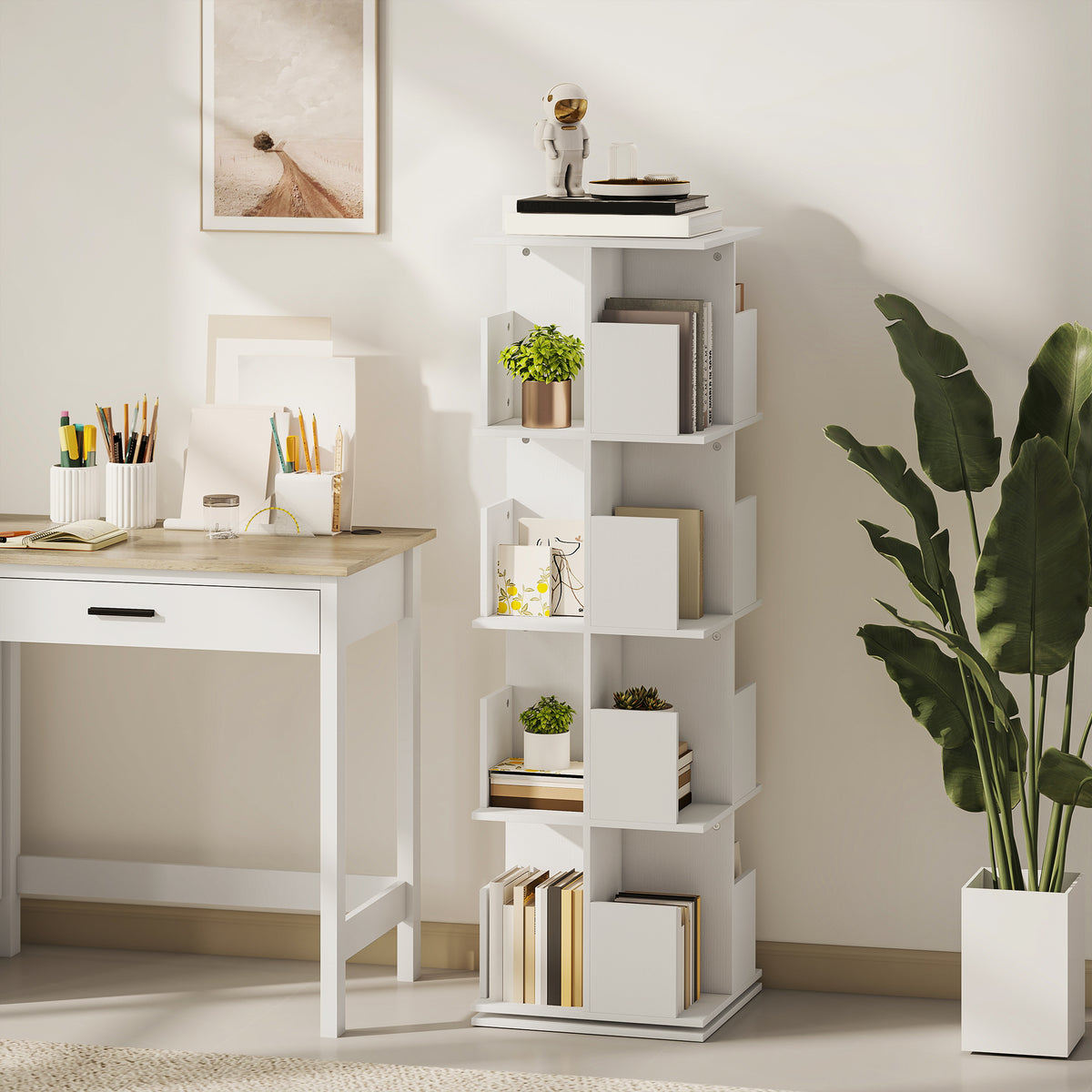Draaibare boekenkast met 4 niveaus, opbergrek met 16 vakken, 39 x 39 x 128,3 cm, wit