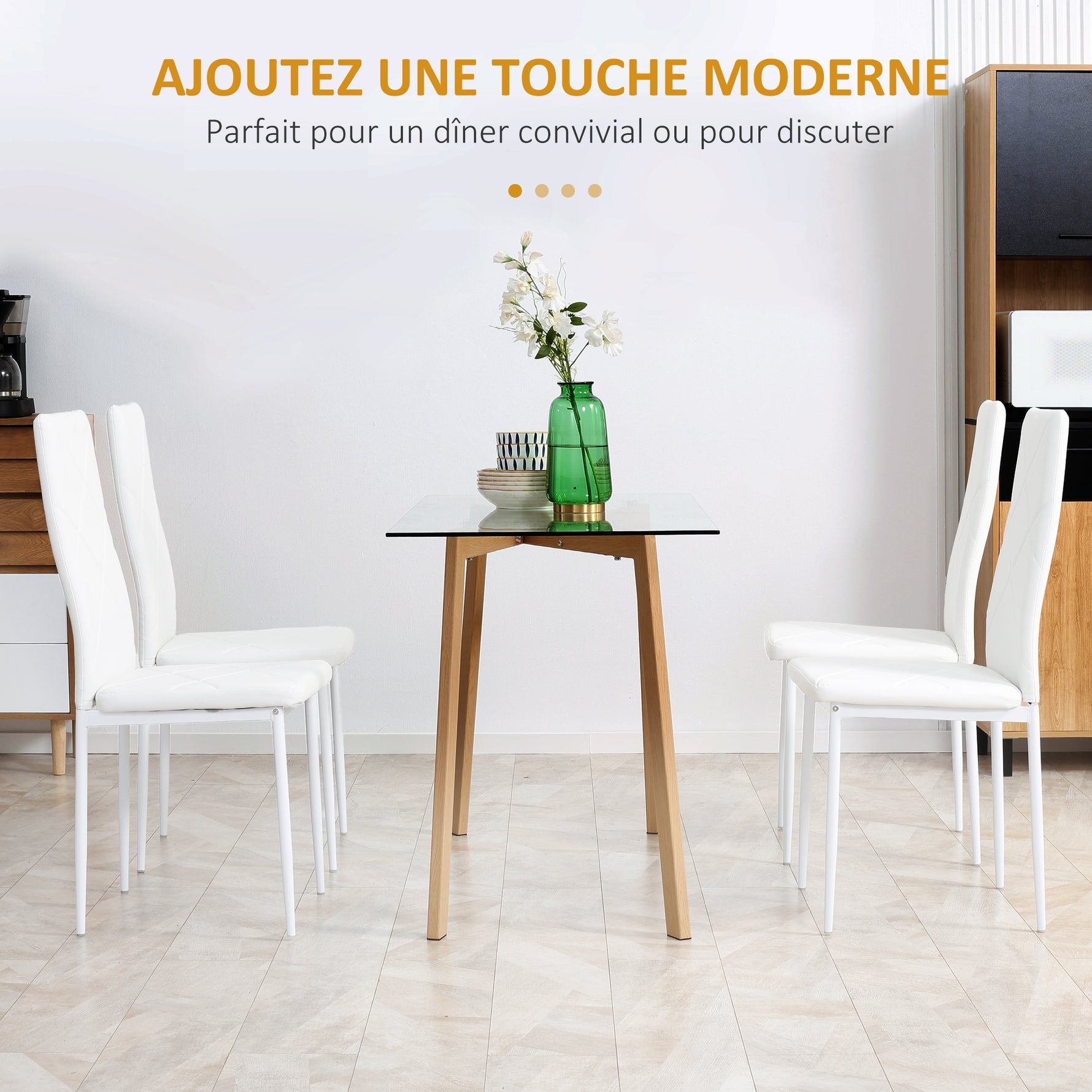 Lot de 4 chaises de salle à manger avec dossier haut, revêtement synthétique et pieds en acier, blanc
