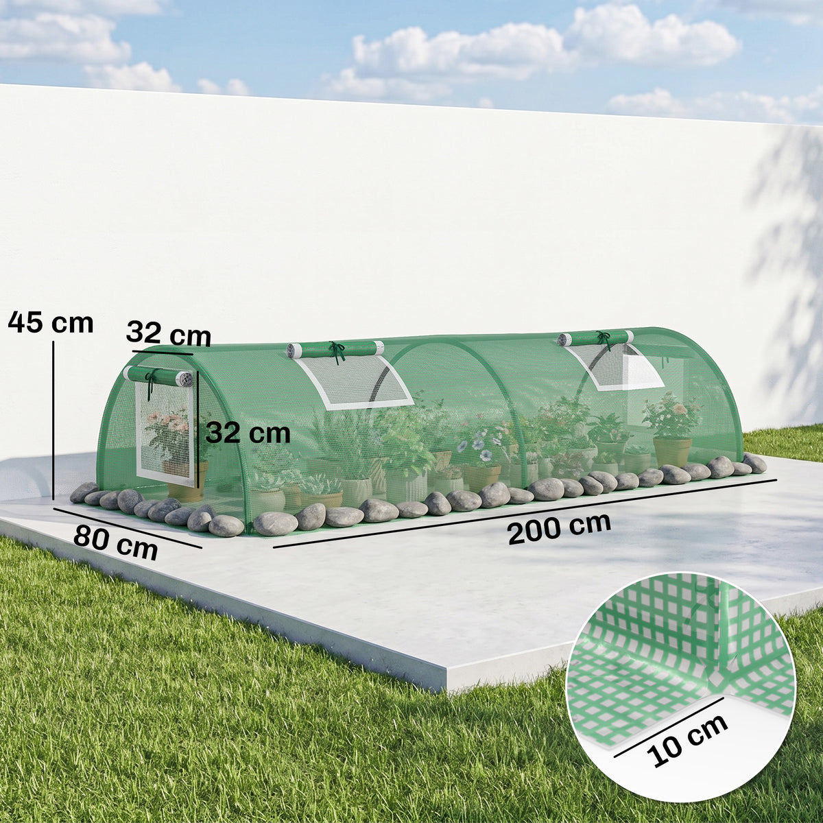 Mini Serre de Jardin mini serre tunnel à tomates 200 x 80 x 45 cm Acier PE Anti-UV 4 portes en filet enroulables vert