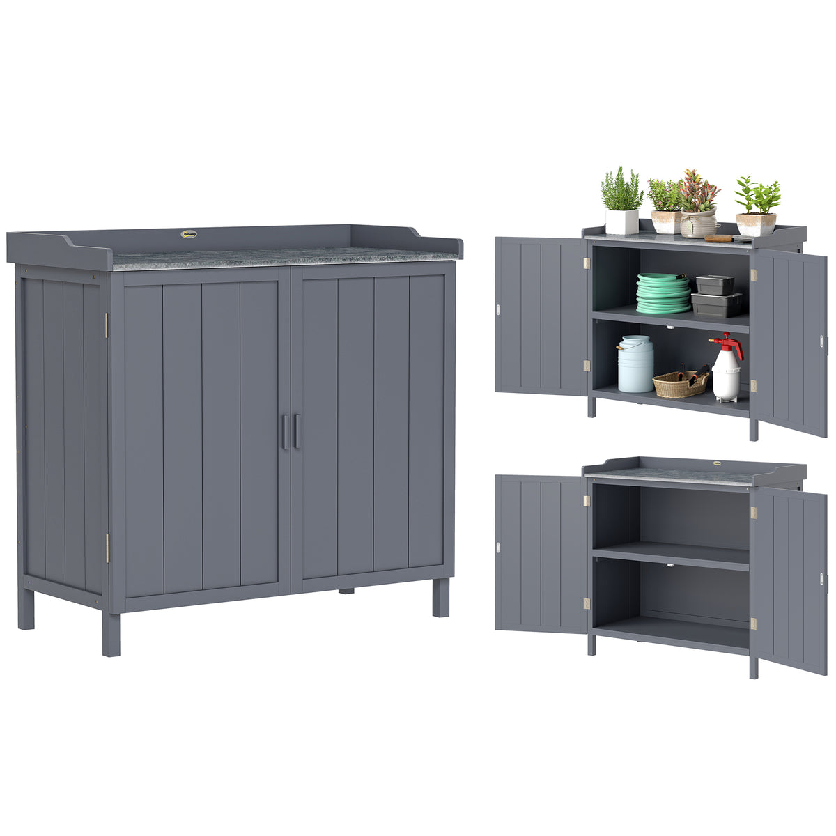 Armoire de rangement de jardin sur pied, table de rempotage 2 en 1 double porte, étagère, plateau métal galvanisé - gris