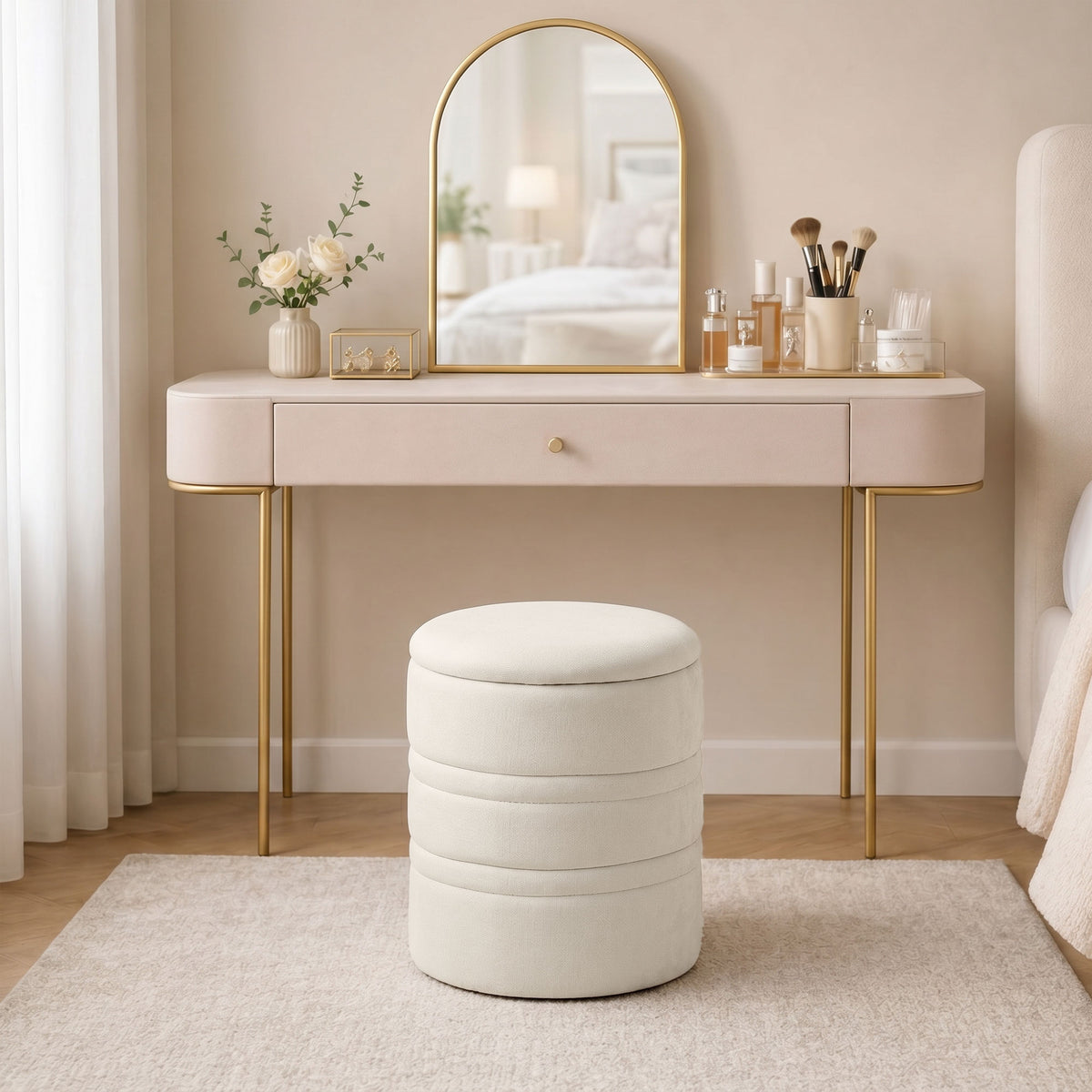 Pouf de Rangement en Chenille avec Couvercle, Tabouret Rond pour Salon et Chambre, Beige