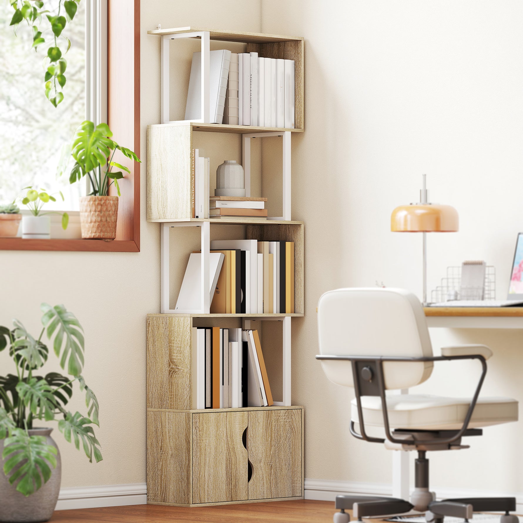 Bibliothèque à 5 niveaux, meuble de rangement avec étagères et placard double porte, 60 x 23,8 x 179,2 cm, bois naturel