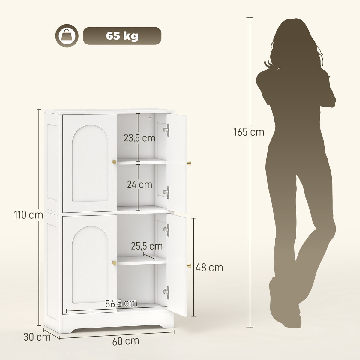 Buffet cuisine, meuble cuisine rangement avec 4 portes cintrées et 2 étagères réglables, 60 x 30 x 110 cm, blanc